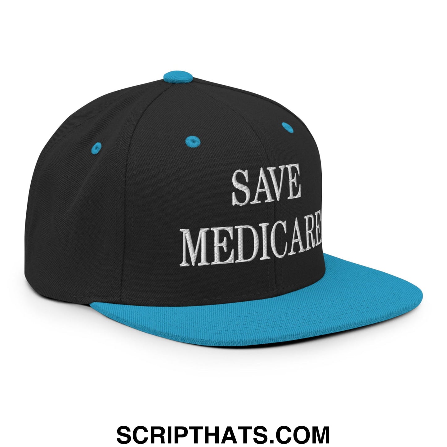 Save Medicare Embroidered Flat Brim Bill Snapback Hat Black Teal