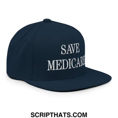 Navy blue snapback hat with white embroidered save medicare text and flat brim bill for casual wear