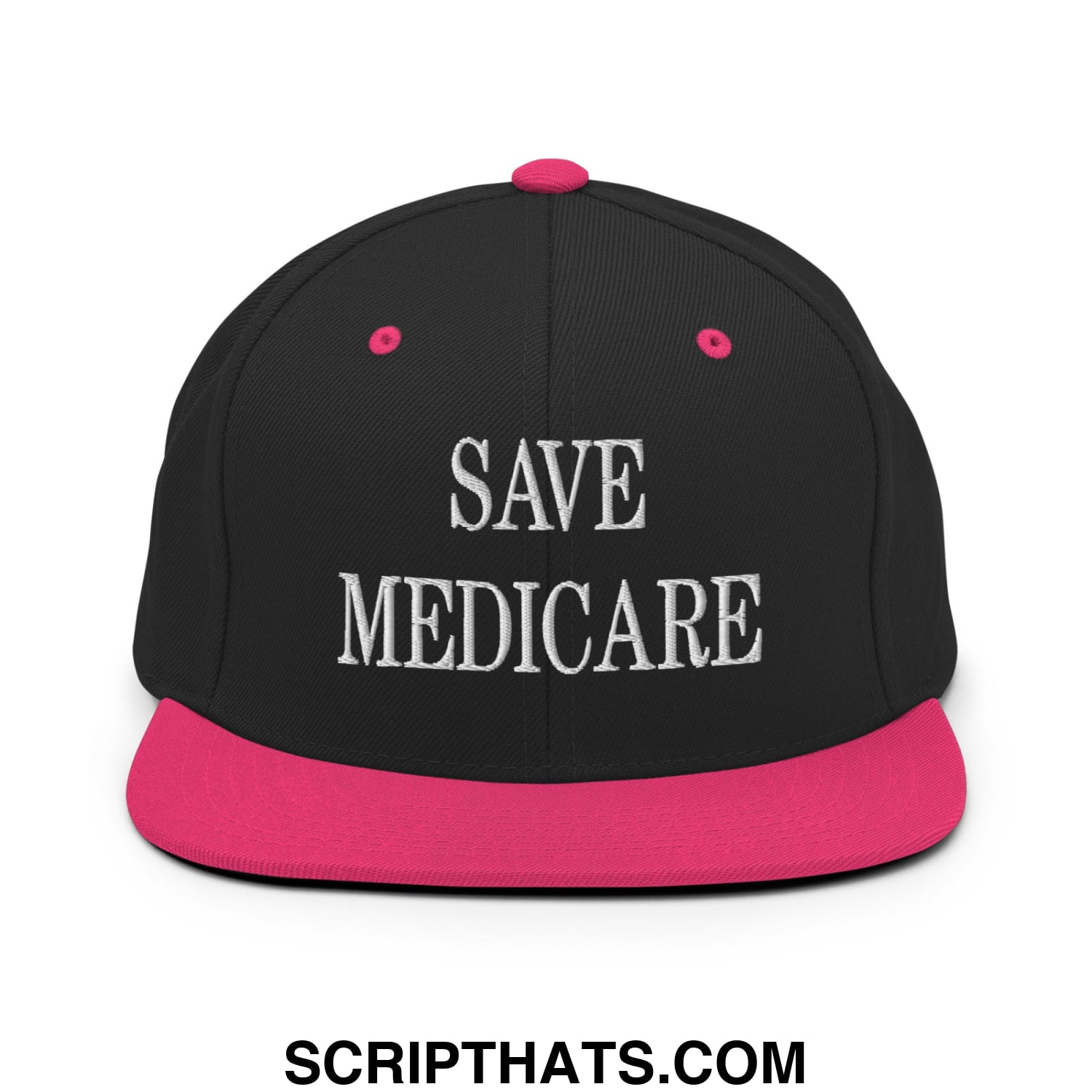 Save Medicare Embroidered Flat Brim Bill Snapback Hat Black Neon Pink