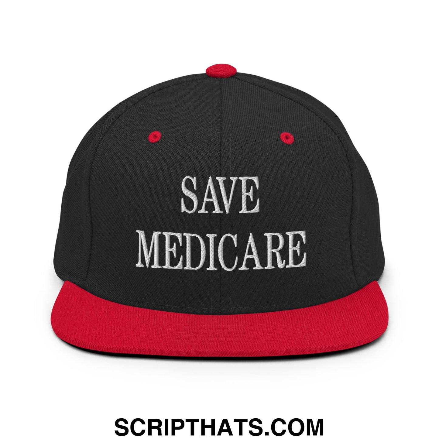 Save Medicare Embroidered Flat Brim Bill Snapback Hat Black Red