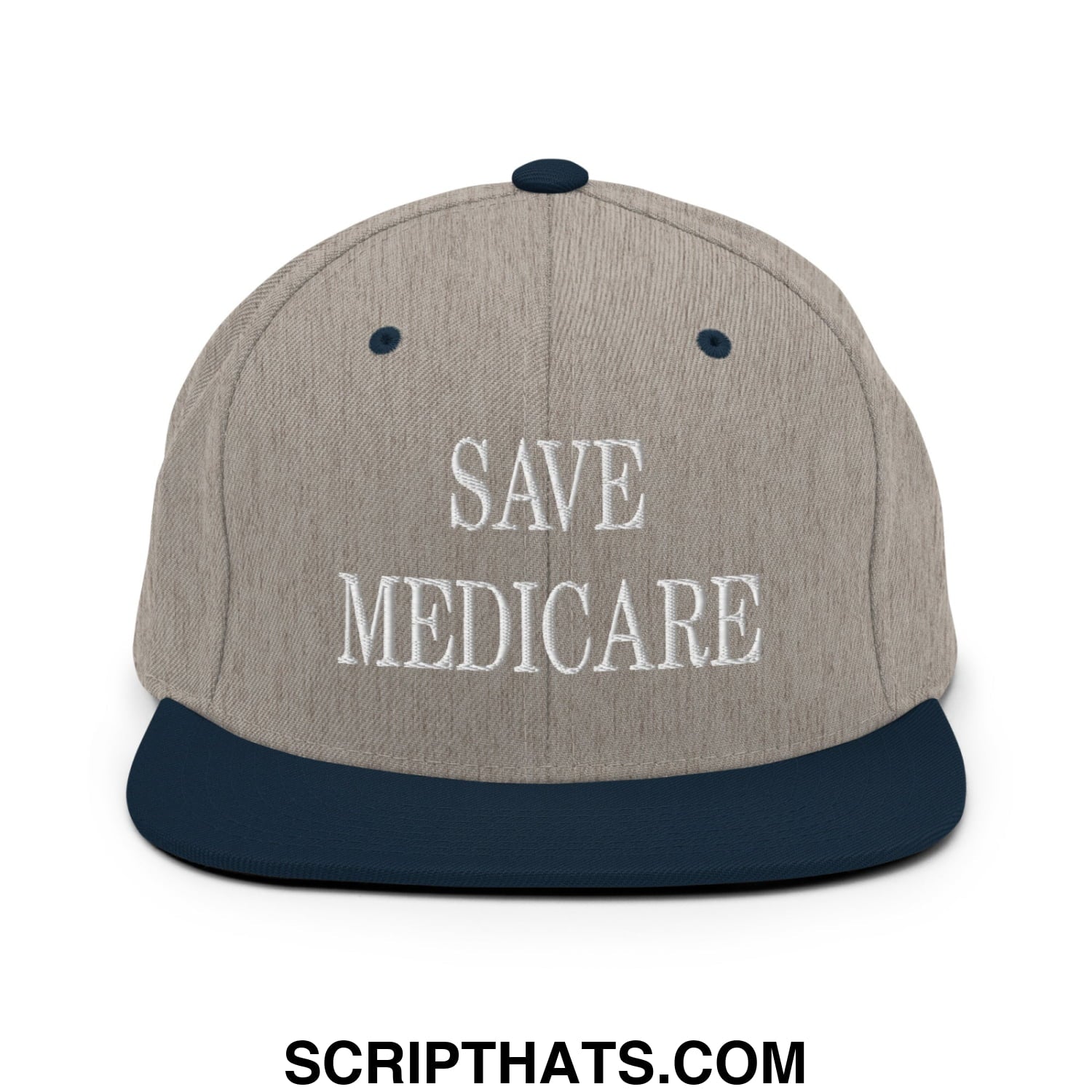 Save Medicare Embroidered Flat Brim Bill Snapback Hat Heather Grey Navy