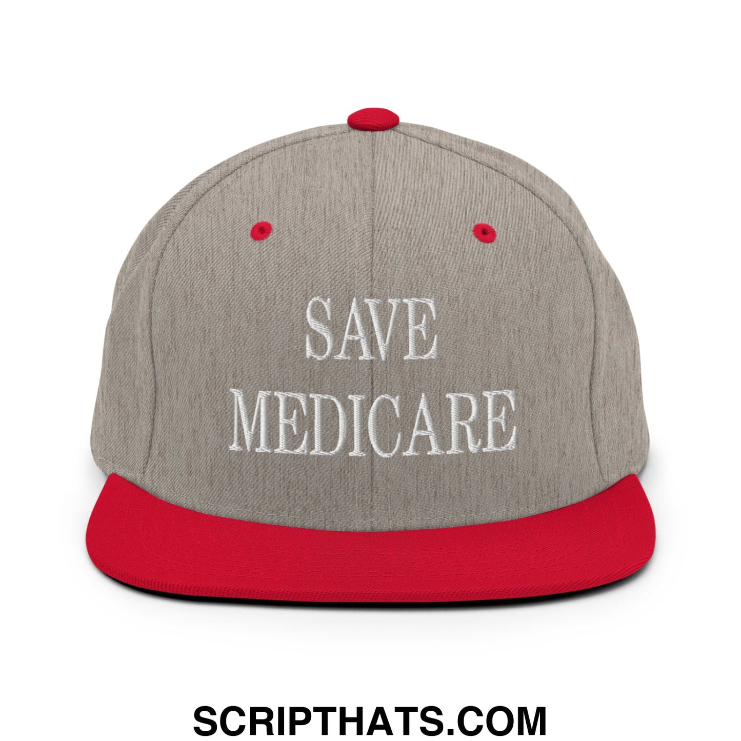 Save Medicare Embroidered Flat Brim Bill Snapback Hat Heather Grey Red