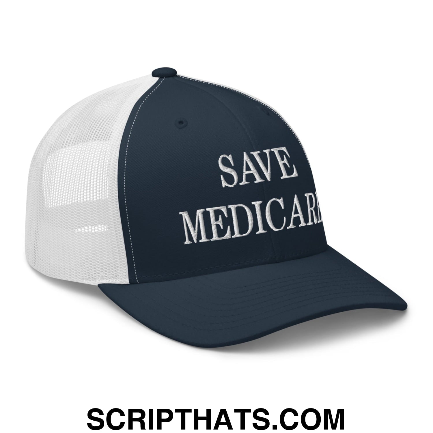 Save Medicare Embroidered Mesh Trucker Hat Navy White