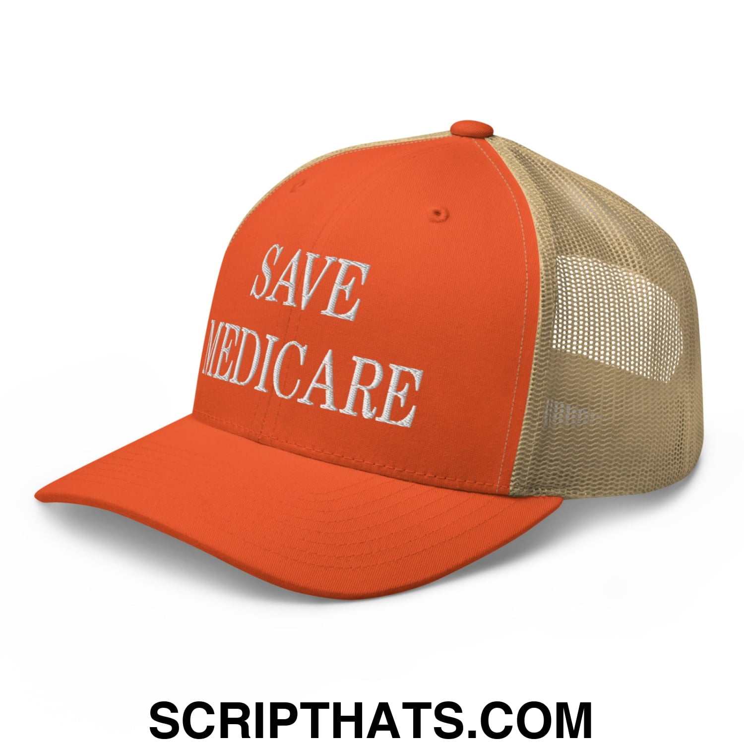 Save Medicare Embroidered Mesh Trucker Hat Rustic Orange Khaki