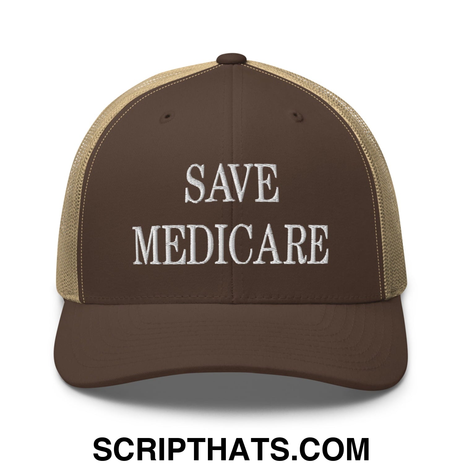 Save Medicare Embroidered Mesh Trucker Hat Brown Khaki