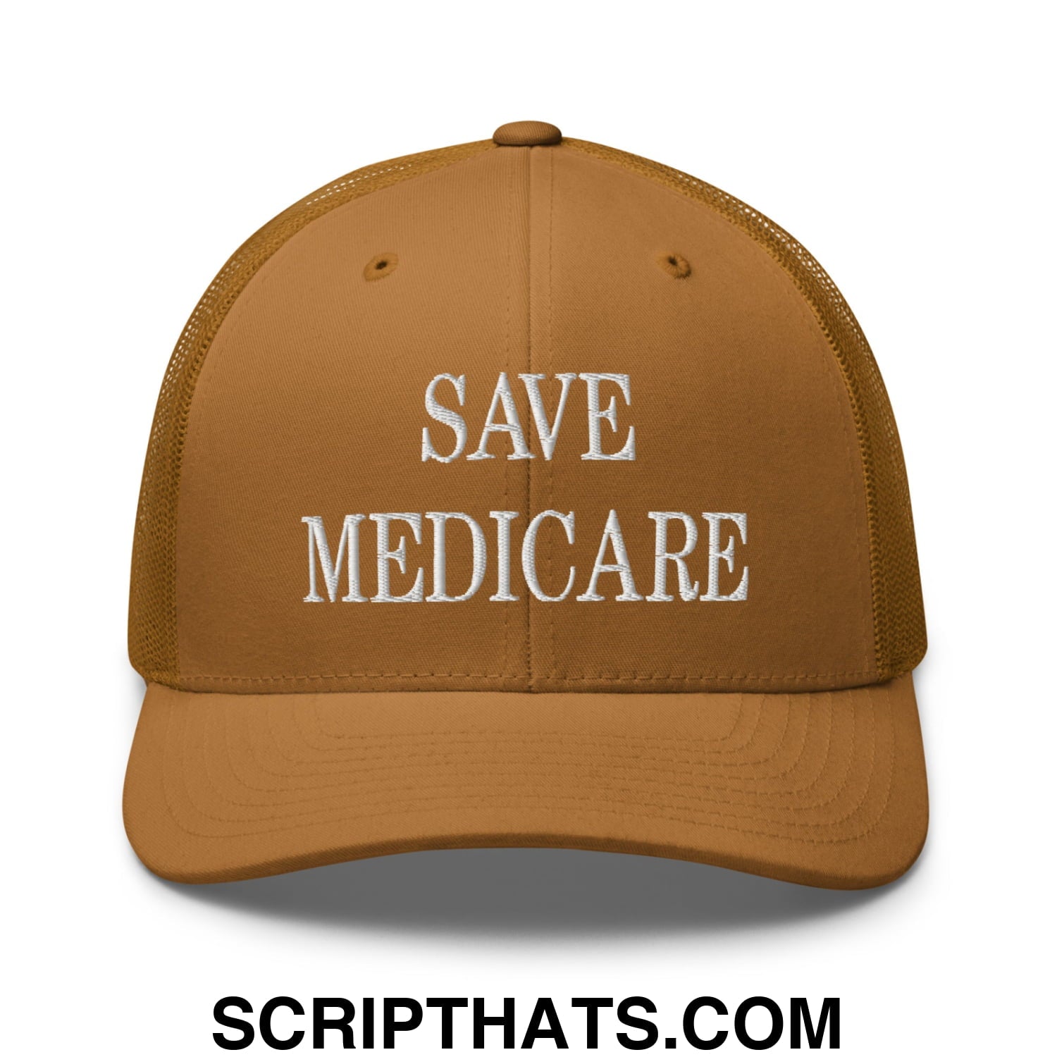 Save Medicare Embroidered Mesh Trucker Hat Caramel