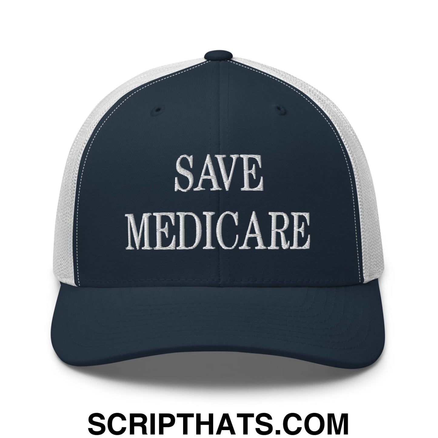 Save Medicare Embroidered Mesh Trucker Hat Navy White