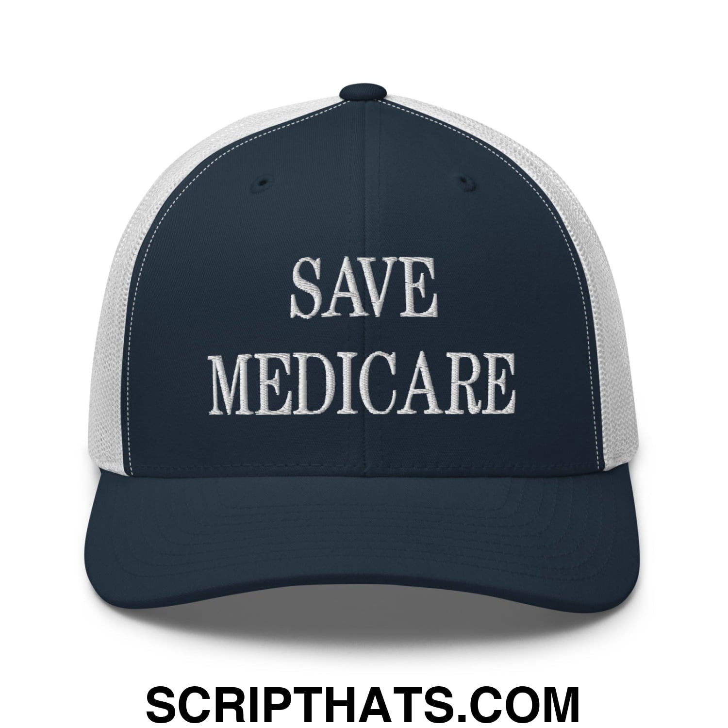 Save Medicare Embroidered Mesh Trucker Hat Navy White