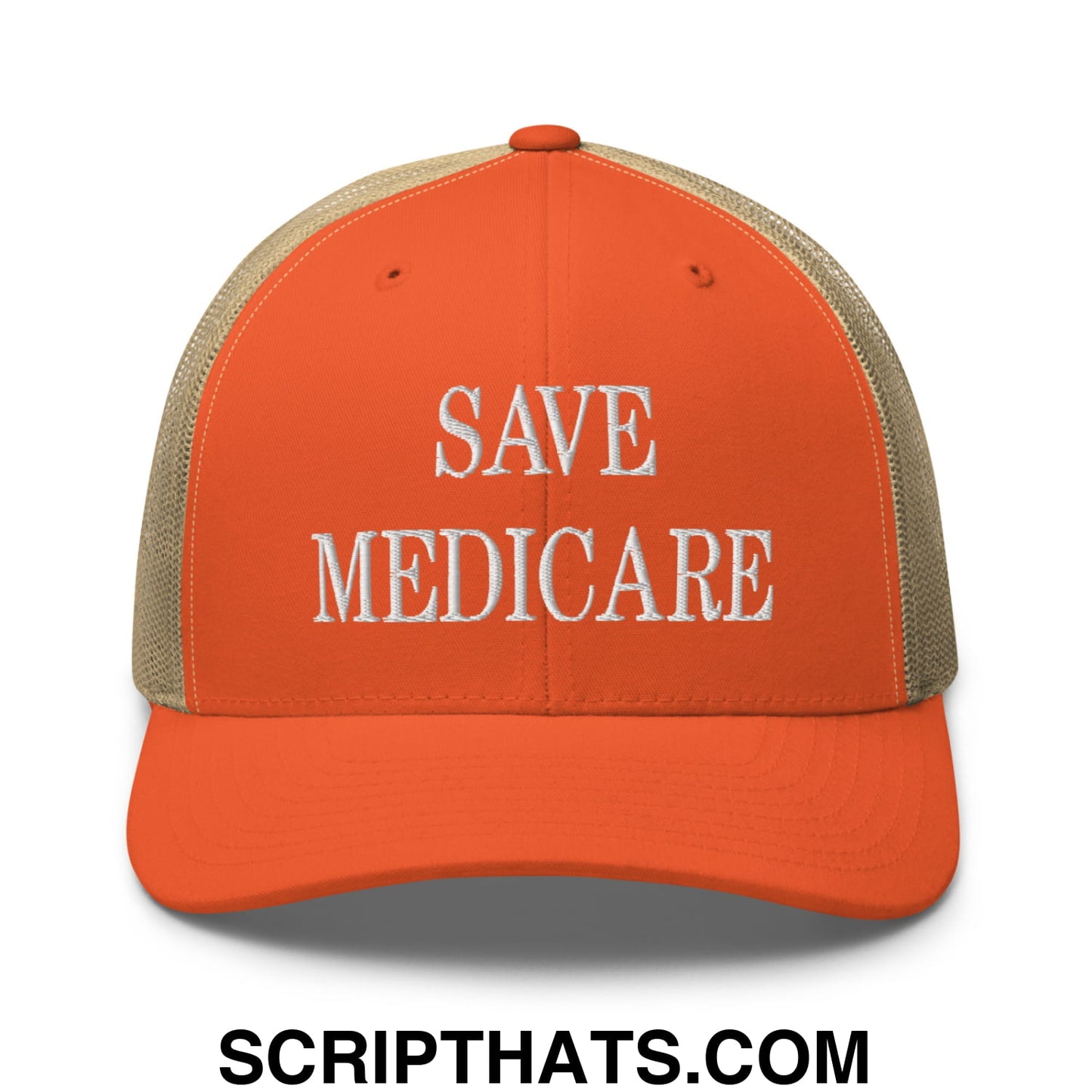 Save Medicare Embroidered Mesh Trucker Hat Rustic Orange Khaki