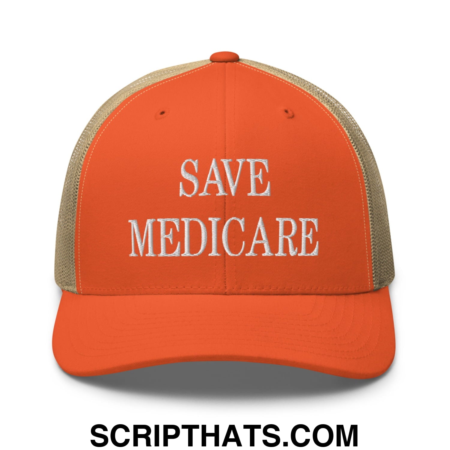 Save Medicare Embroidered Mesh Trucker Hat Rustic Orange Khaki