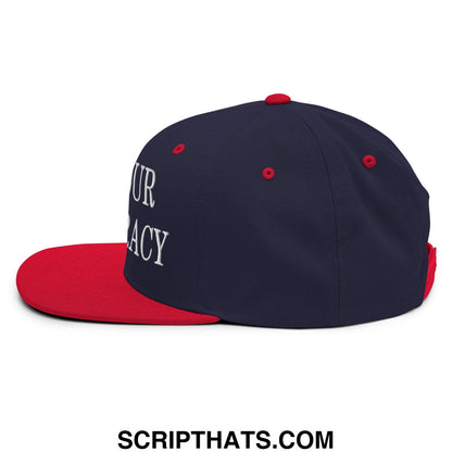Navy blue and red snapback hat with white embroidered our democracy text on side flat bill brim design