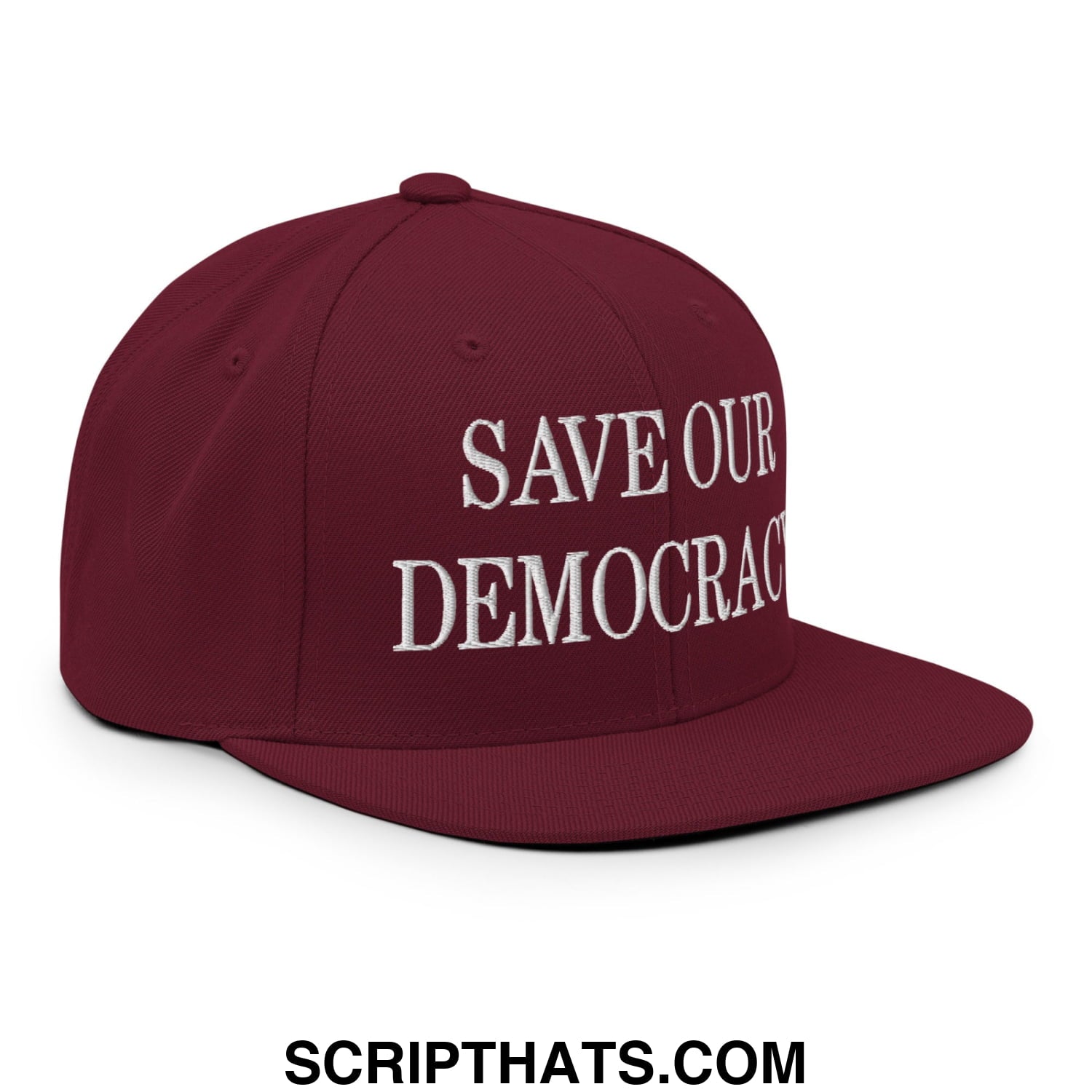 Maroon flat bill snapback hat with white embroidered save our democracy text for casual wear and activism