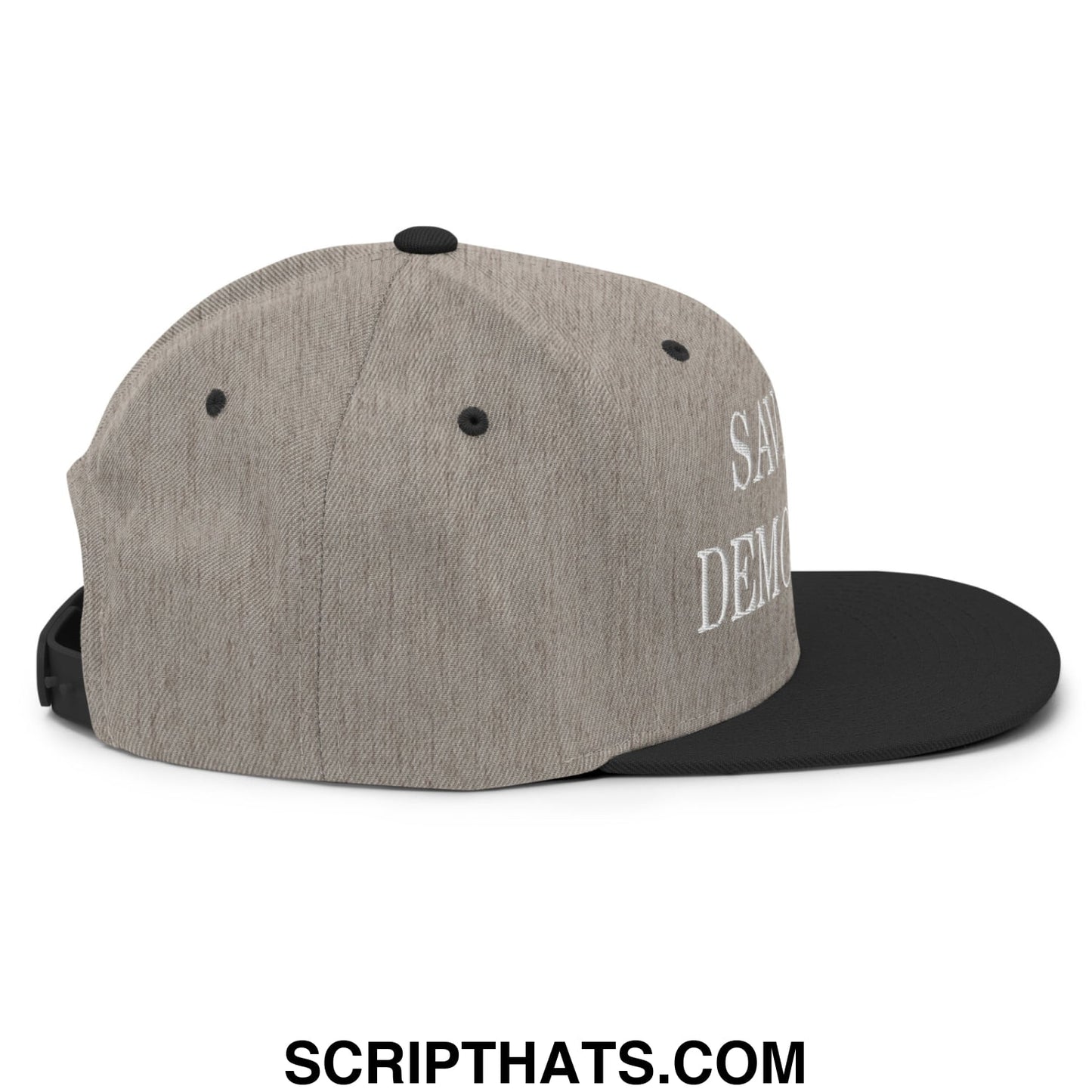 Gray heathered snapback hat with black flat bill and white save our democracy embroidered text
