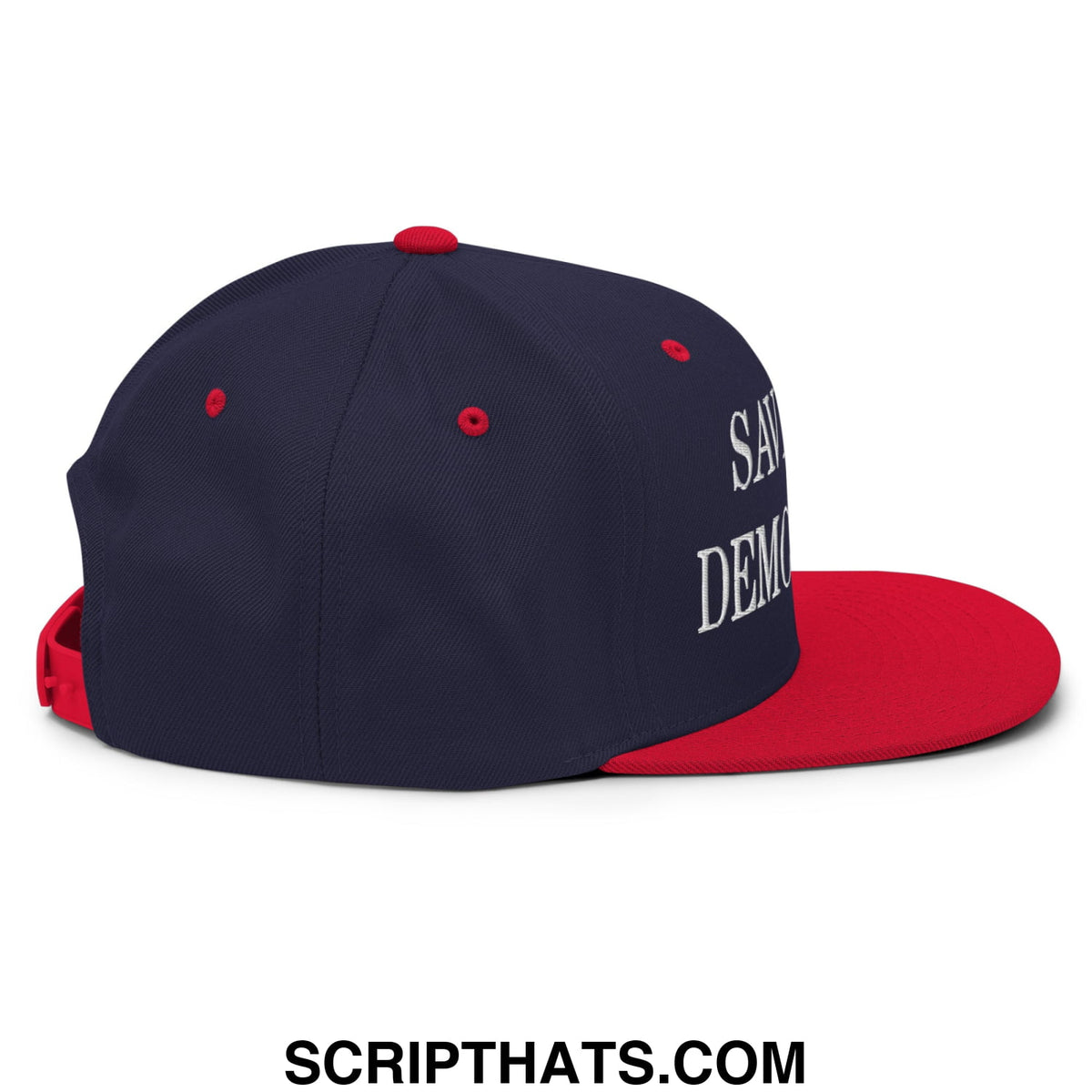 Navy blue and red snapback hat with white embroidered Save Our Democracy text and flat bill brim design