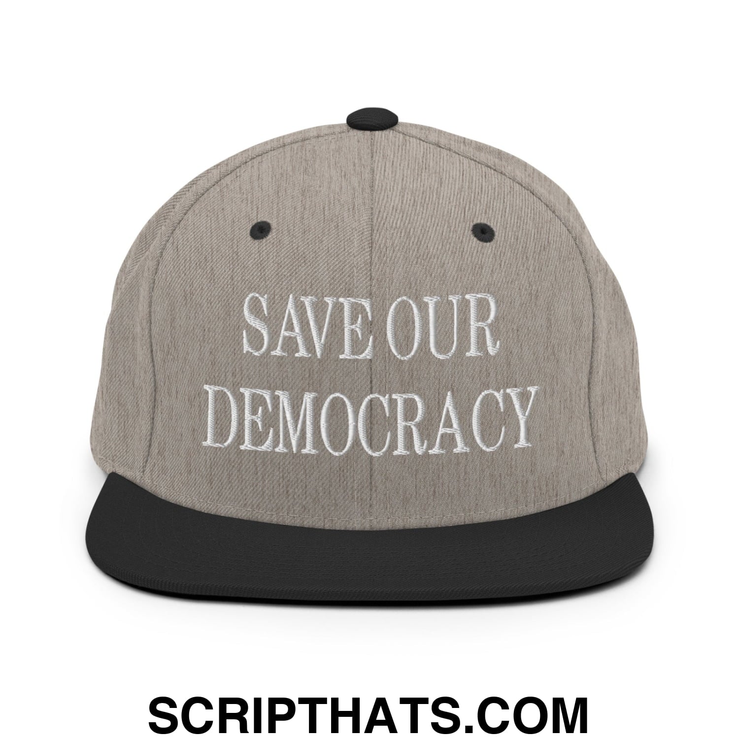 Save Our Democracy Embroidered Flat Bill Brim Snapback Hat Heather Black