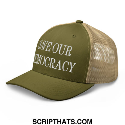 Save Our Democracy Embroidered Mesh Trucker Hat Moss Khaki