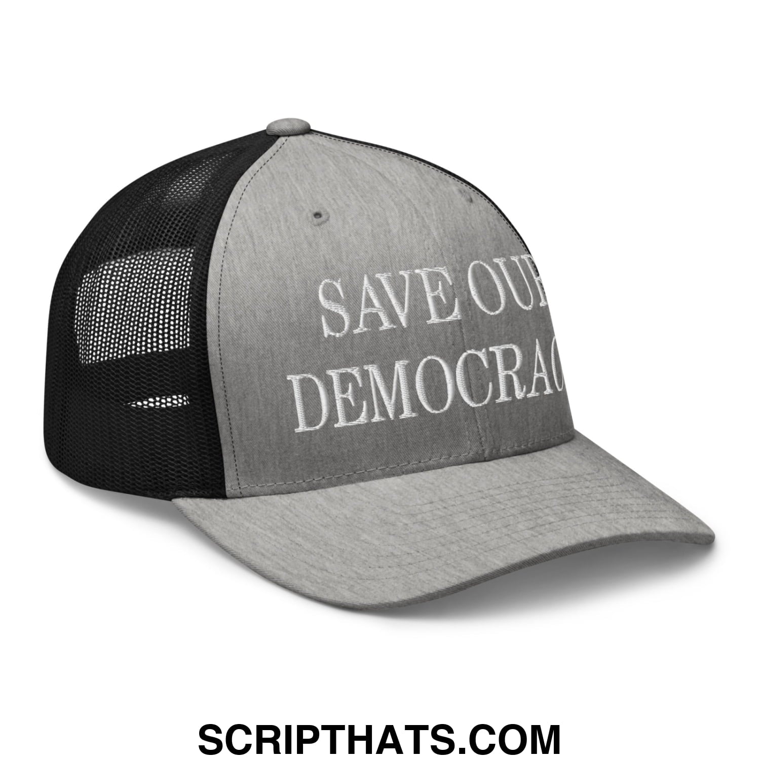 Save Our Democracy Embroidered Mesh Trucker Hat Heather Black