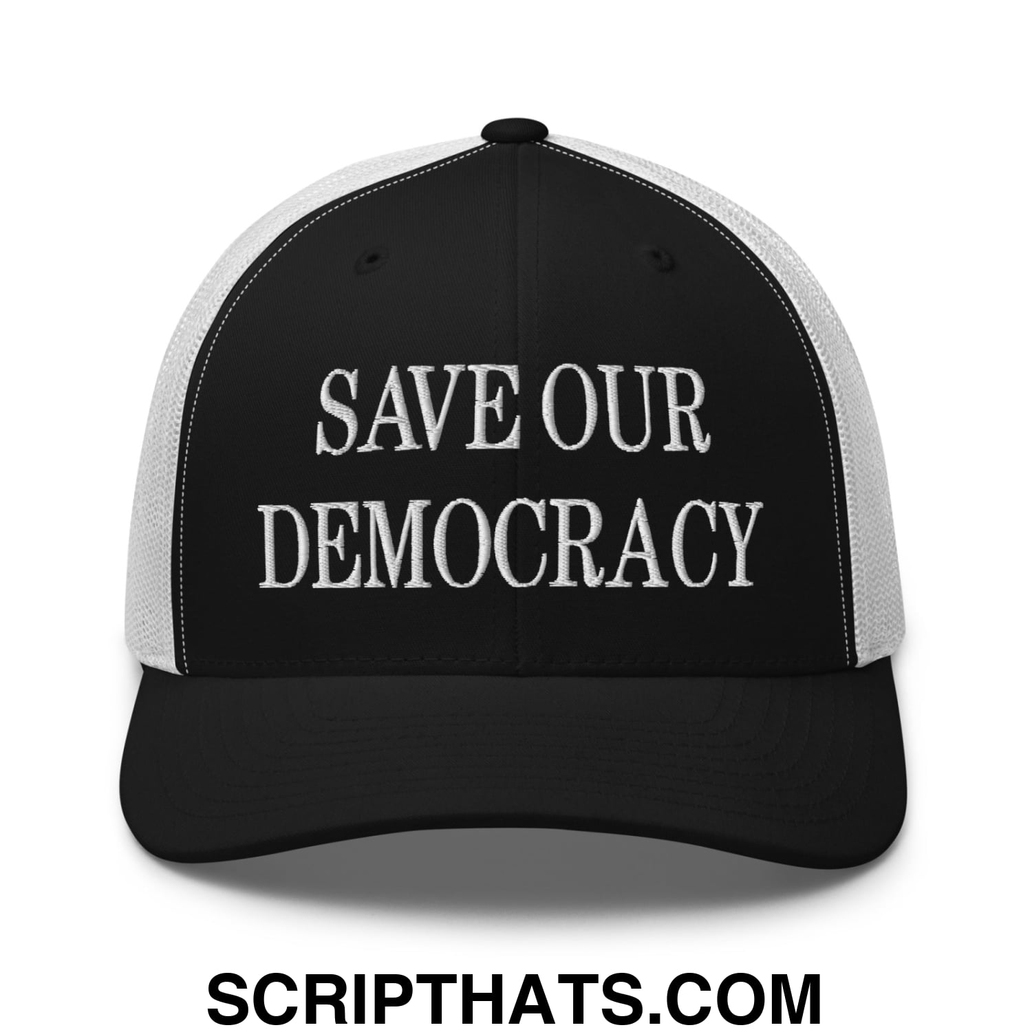 Save Our Democracy Embroidered Mesh Trucker Hat Black White