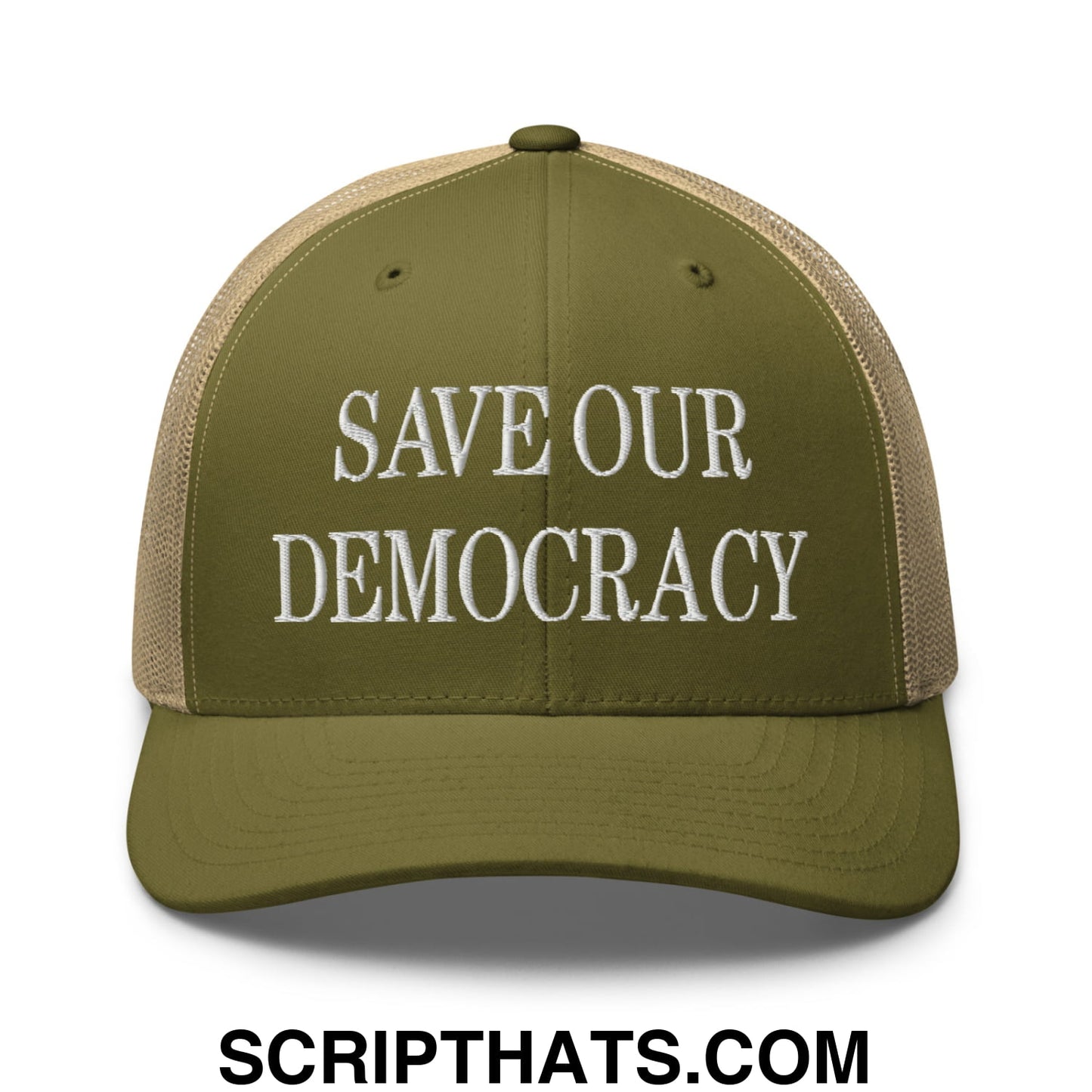 Save Our Democracy Embroidered Mesh Trucker Hat Moss Khaki