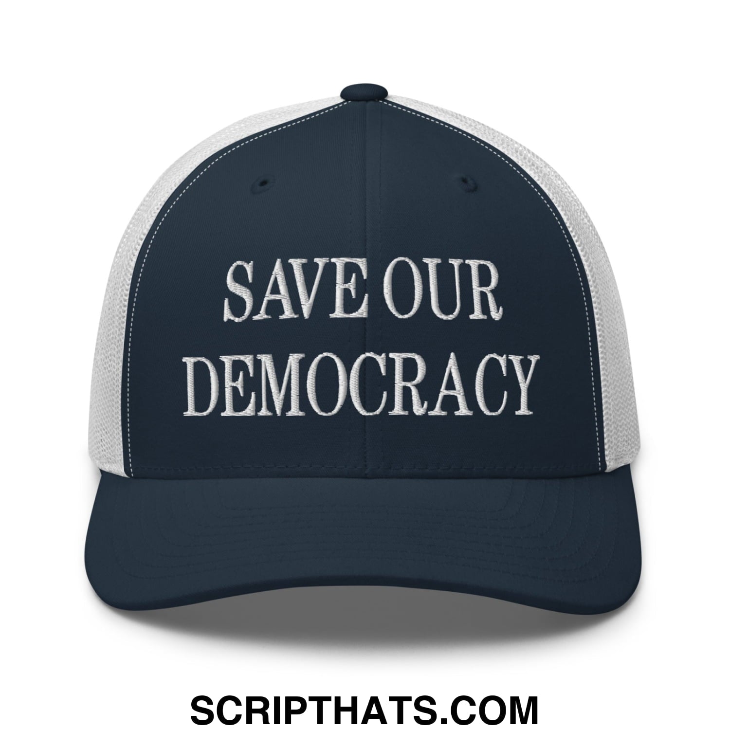 Save Our Democracy Embroidered Mesh Trucker Hat Navy White