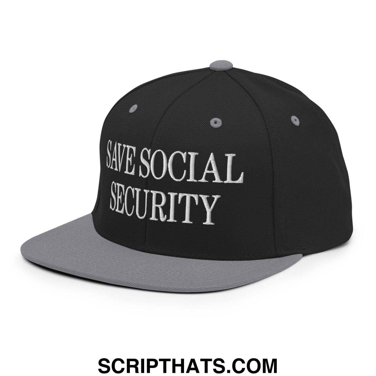 Save Social Security Embroidered Flat Brim Bill Snapback Hat Black Silver