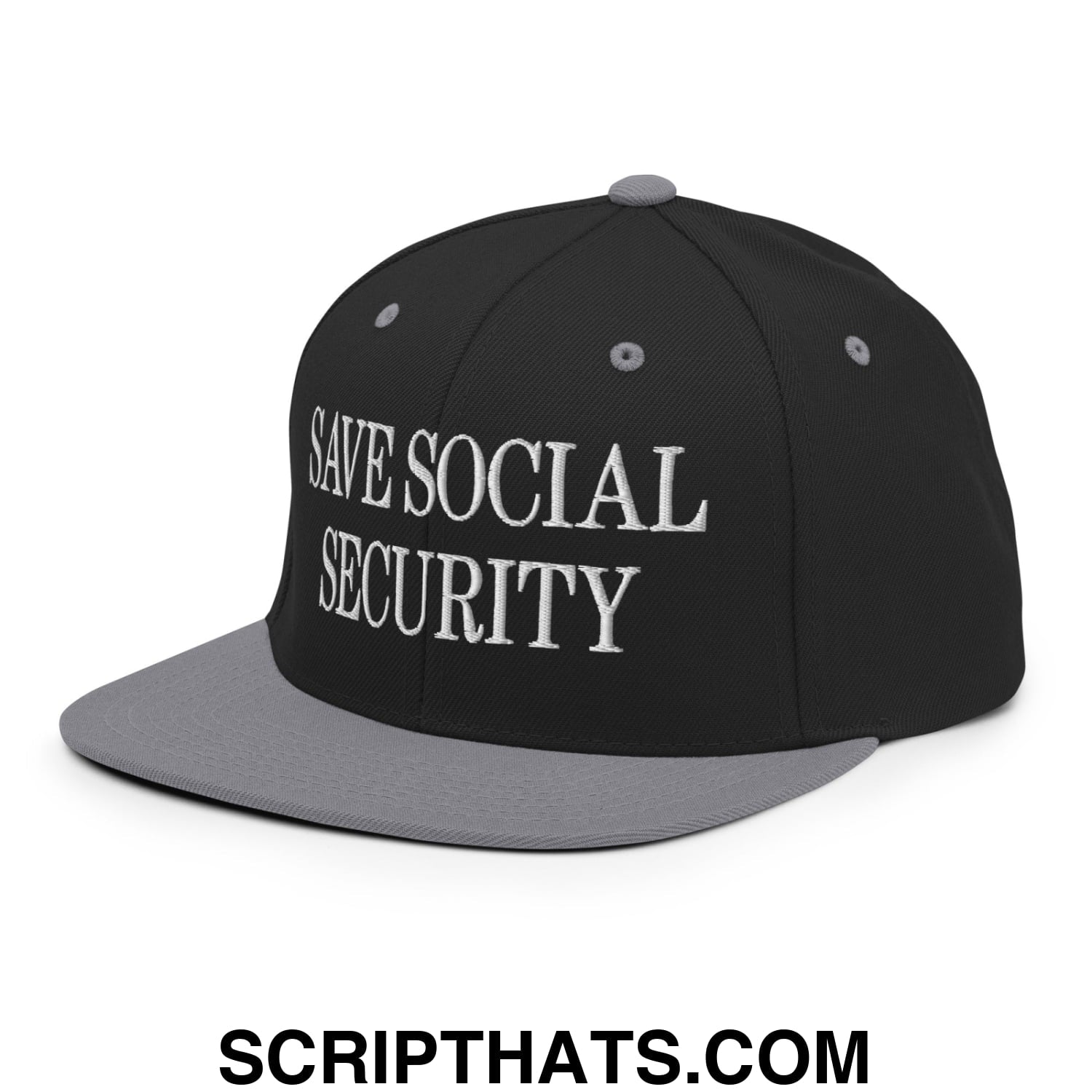 Save Social Security Embroidered Flat Brim Bill Snapback Hat Black Silver