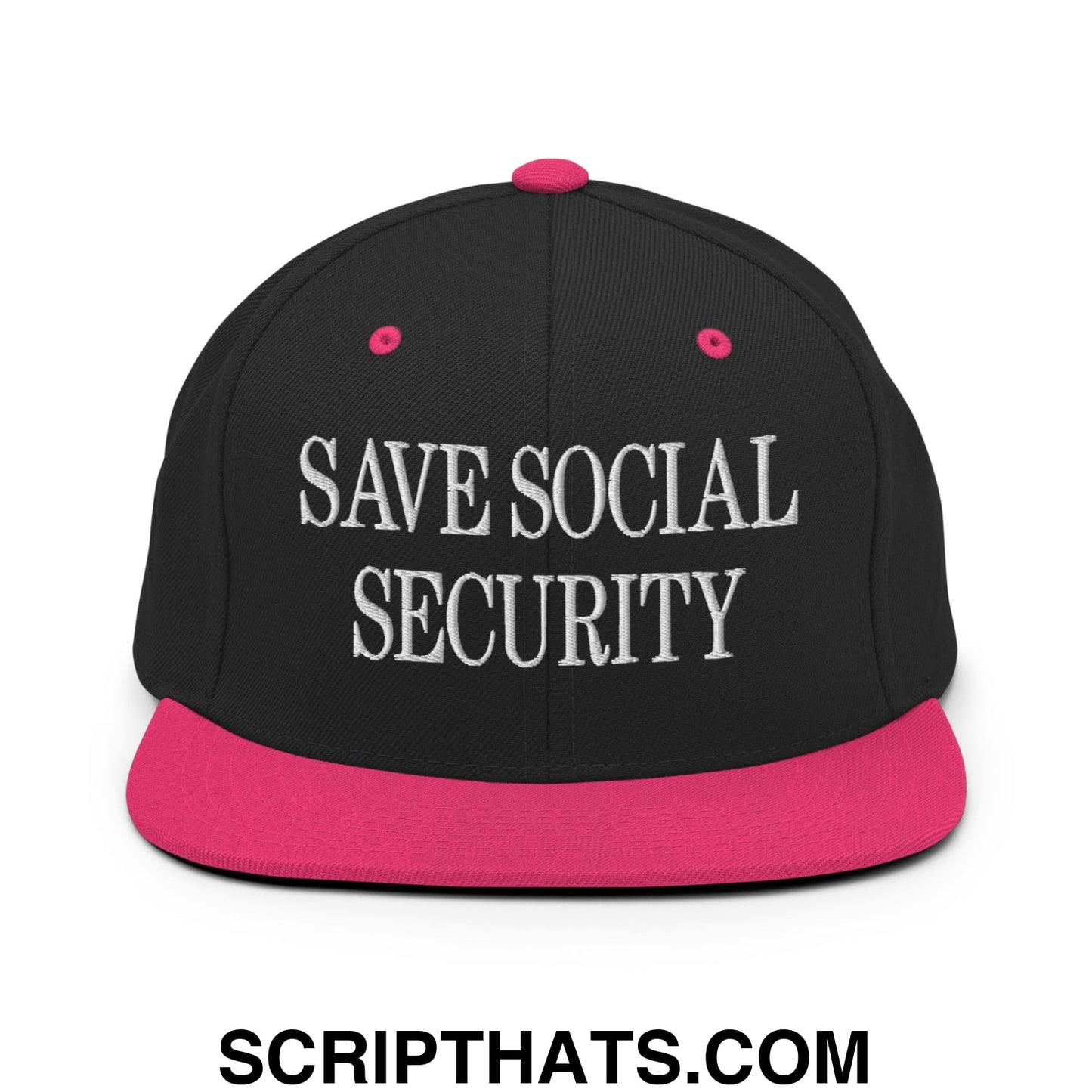 Save Social Security Embroidered Flat Brim Bill Snapback Hat Black Neon Pink