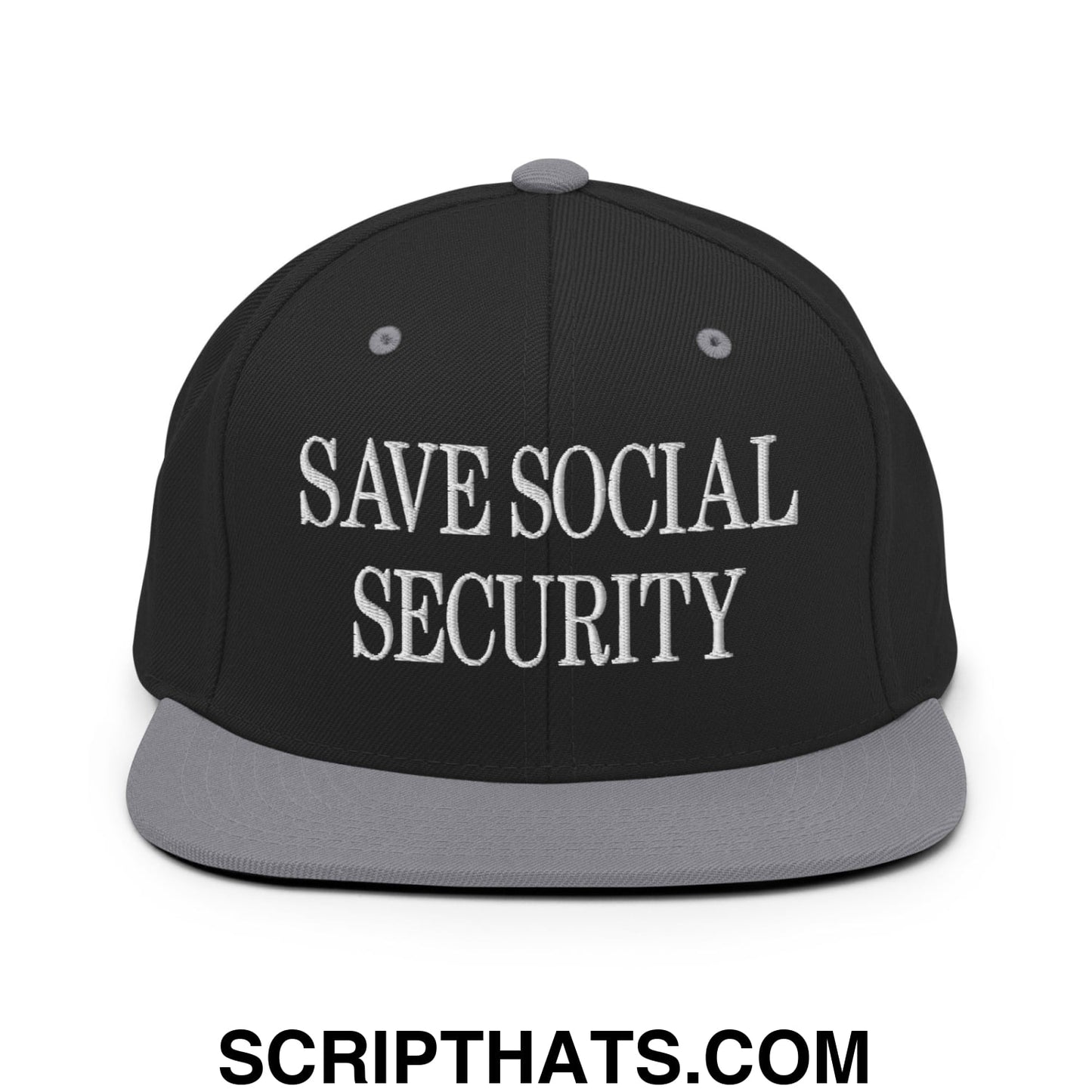 Save Social Security Embroidered Flat Brim Bill Snapback Hat Black Silver