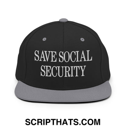 Save Social Security Embroidered Flat Brim Bill Snapback Hat Black Silver