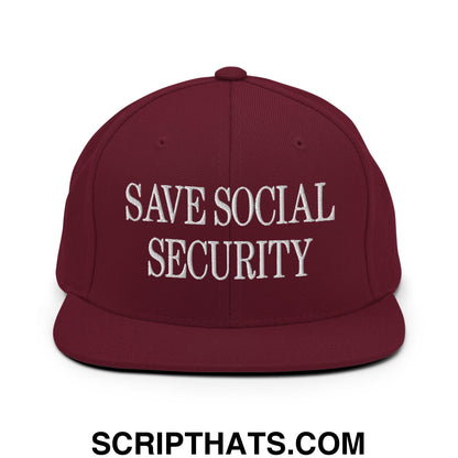 Save Social Security Embroidered Flat Brim Bill Snapback Hat Maroon