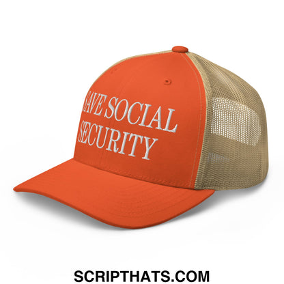 Save Social Security Embroidered Mesh Trucker Hat Rustic Orange Khaki
