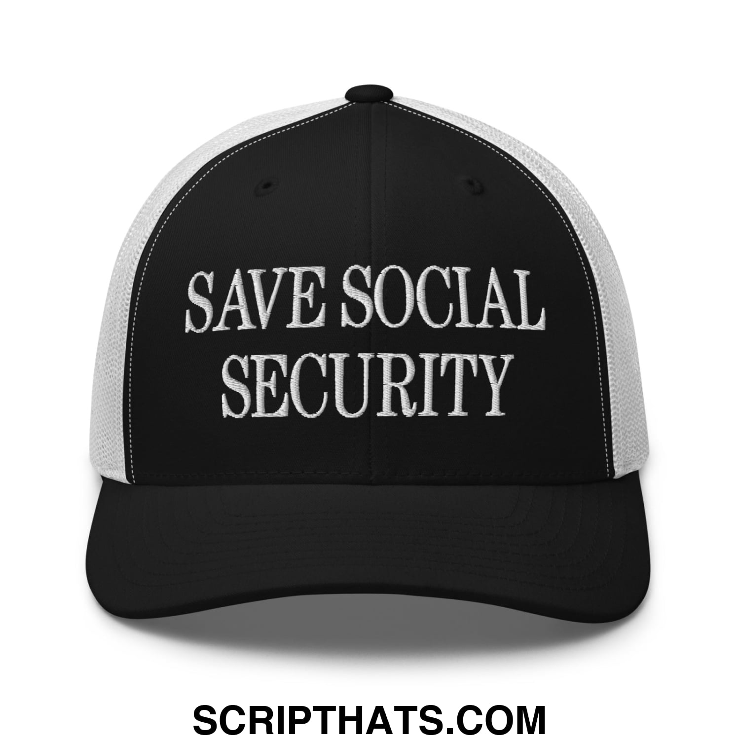 Save Social Security Embroidered Mesh Trucker Hat Black White