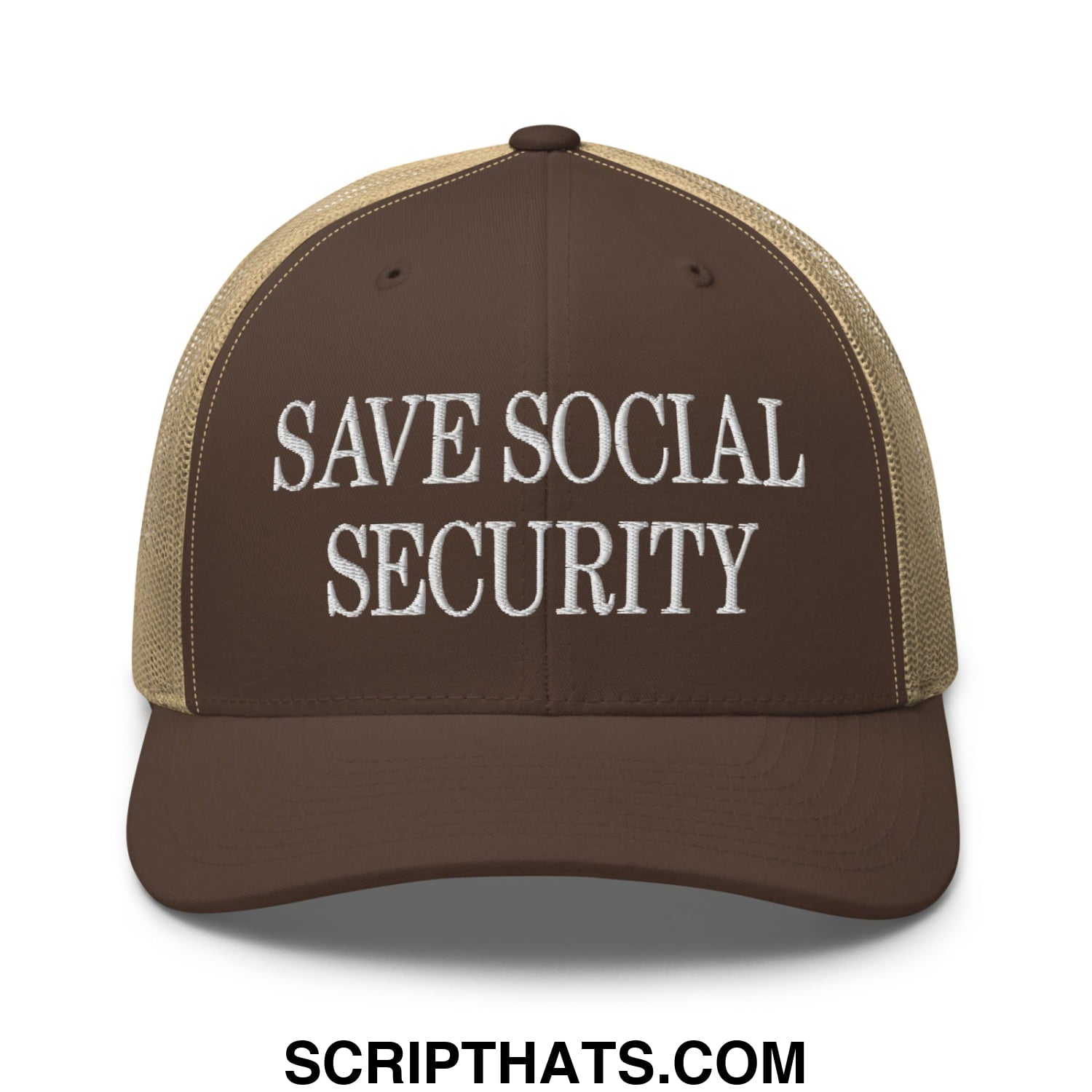 Save Social Security Embroidered Mesh Trucker Hat Brown Khaki