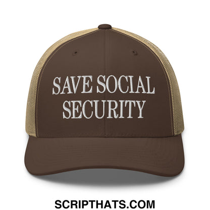 Save Social Security Embroidered Mesh Trucker Hat Brown Khaki