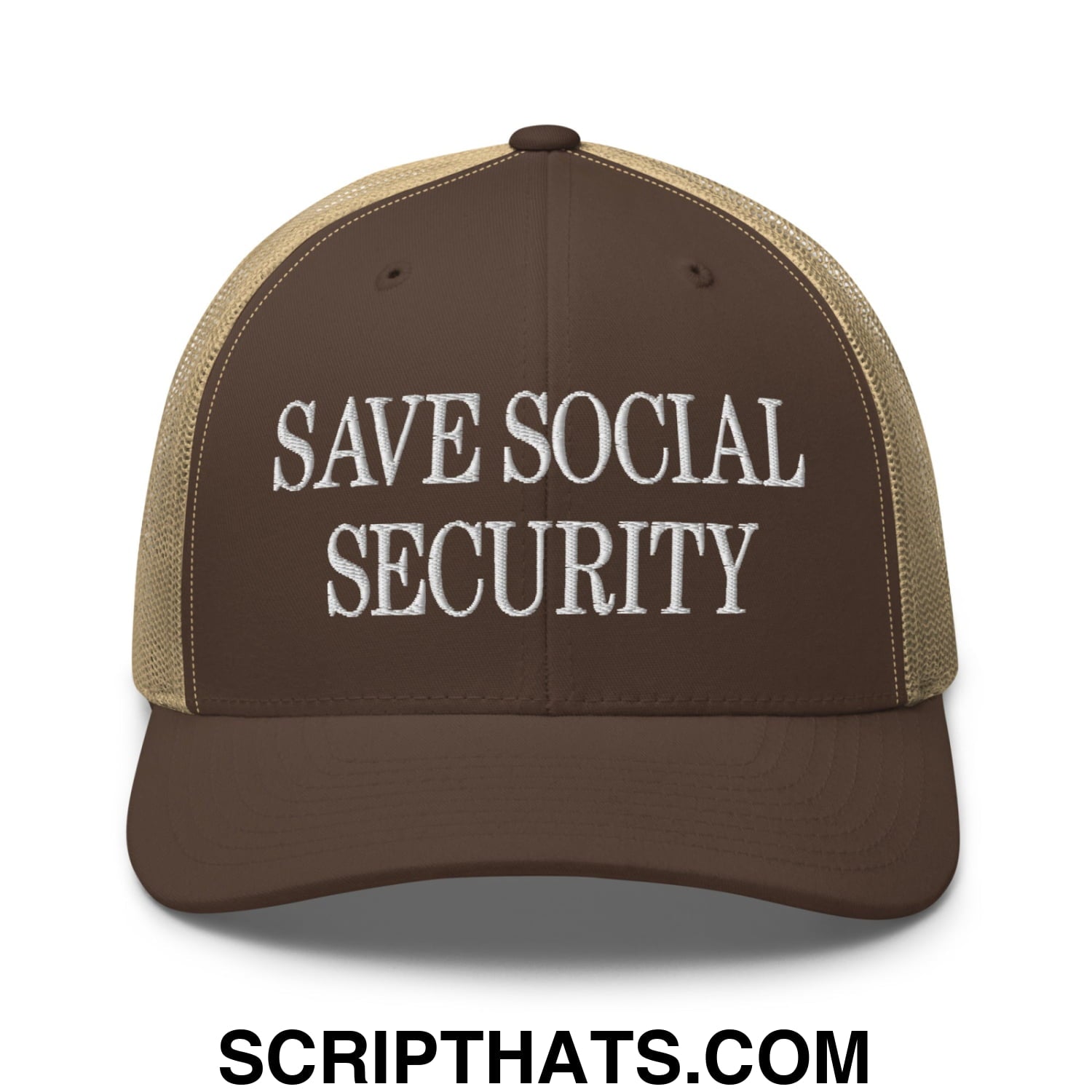 Save Social Security Embroidered Mesh Trucker Hat Brown Khaki
