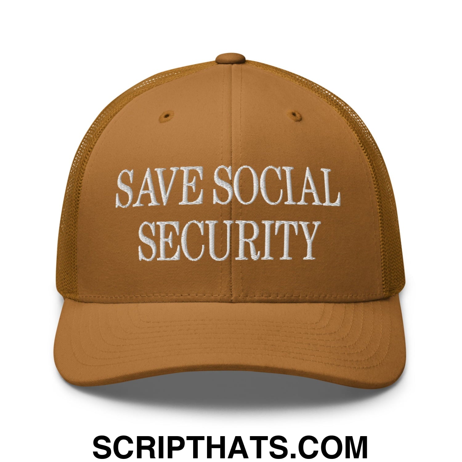 Save Social Security Embroidered Mesh Trucker Hat Caramel