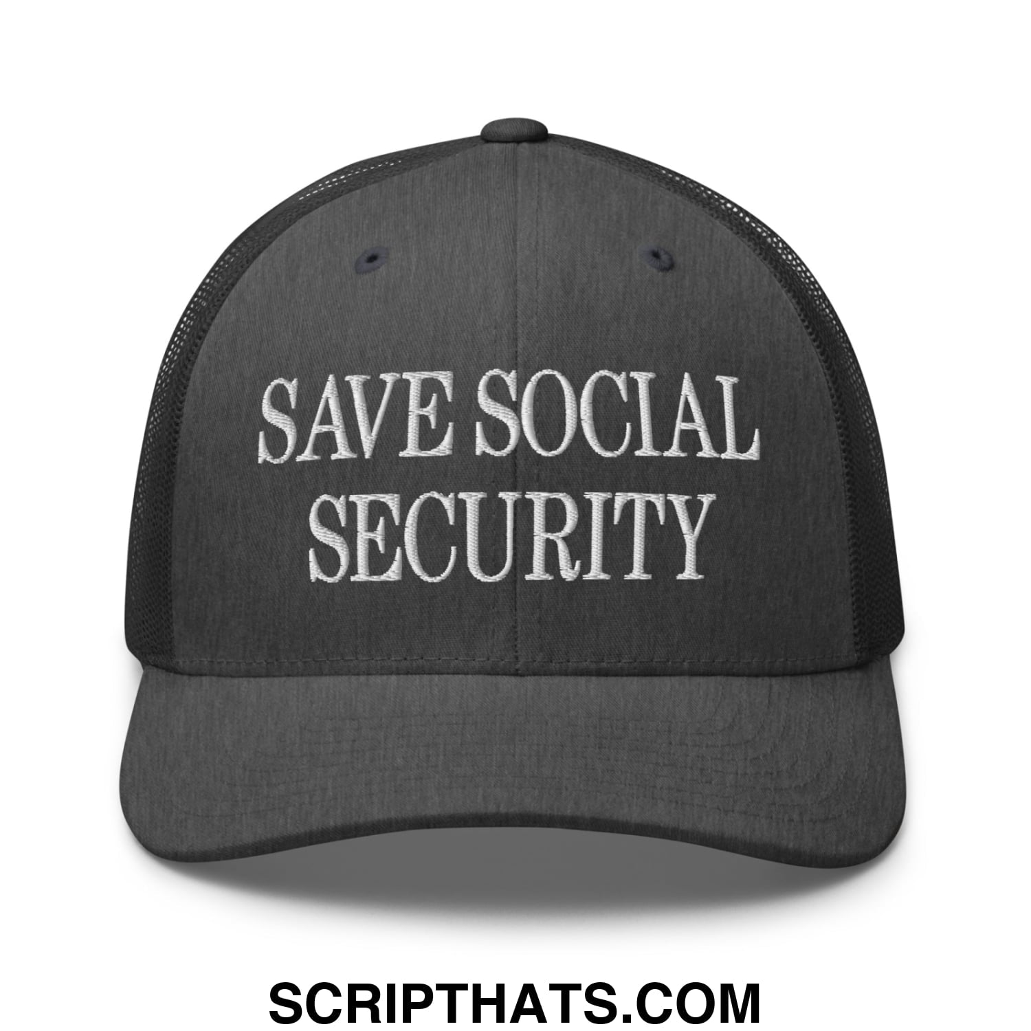 Save Social Security Embroidered Mesh Trucker Hat Dark Heather Gray
