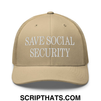 Save Social Security Embroidered Mesh Trucker Hat Khaki