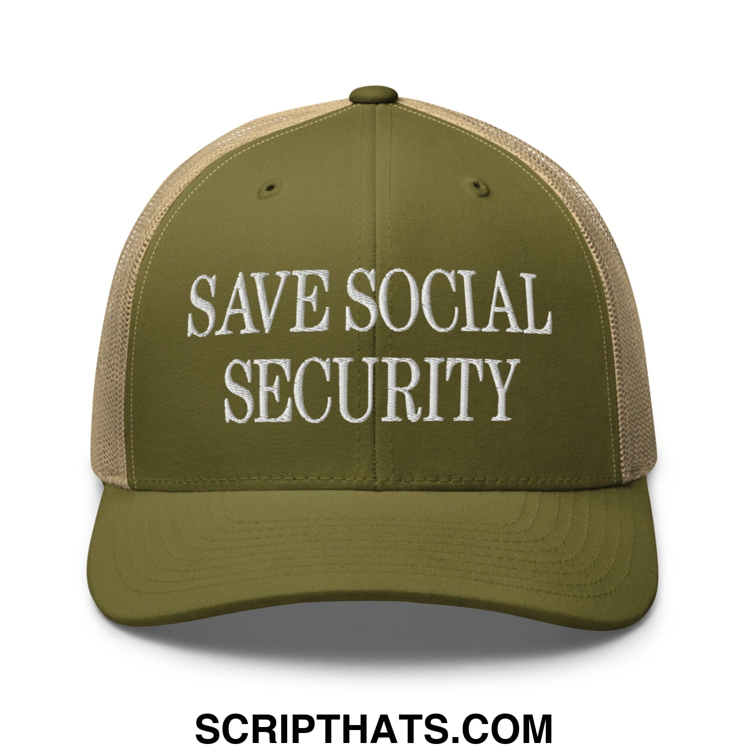 Save Social Security Embroidered Mesh Trucker Hat Moss Khaki