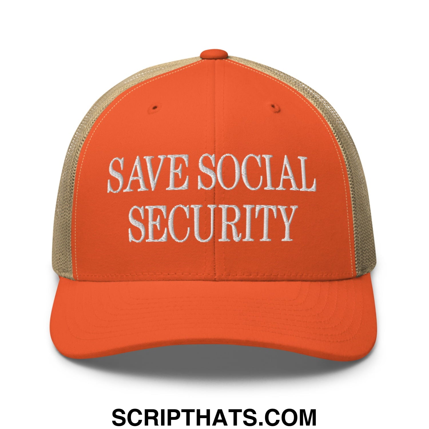 Save Social Security Embroidered Mesh Trucker Hat Rustic Orange Khaki