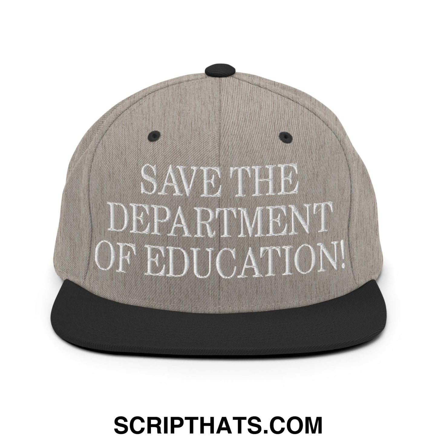 Save The Department of Education DOE Embroidered Flat Bill Brim Snapback Hat Heather Black