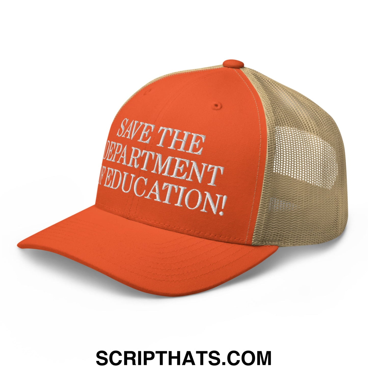 Orange and beige mesh trucker hat with white embroidered text save the department of education on front panel