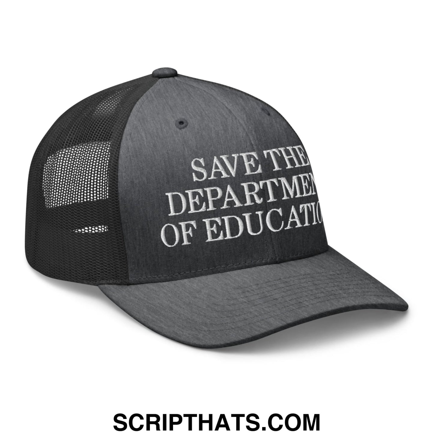 A dark gray mesh trucker hat with white embroidered save the department of education text on the front panel