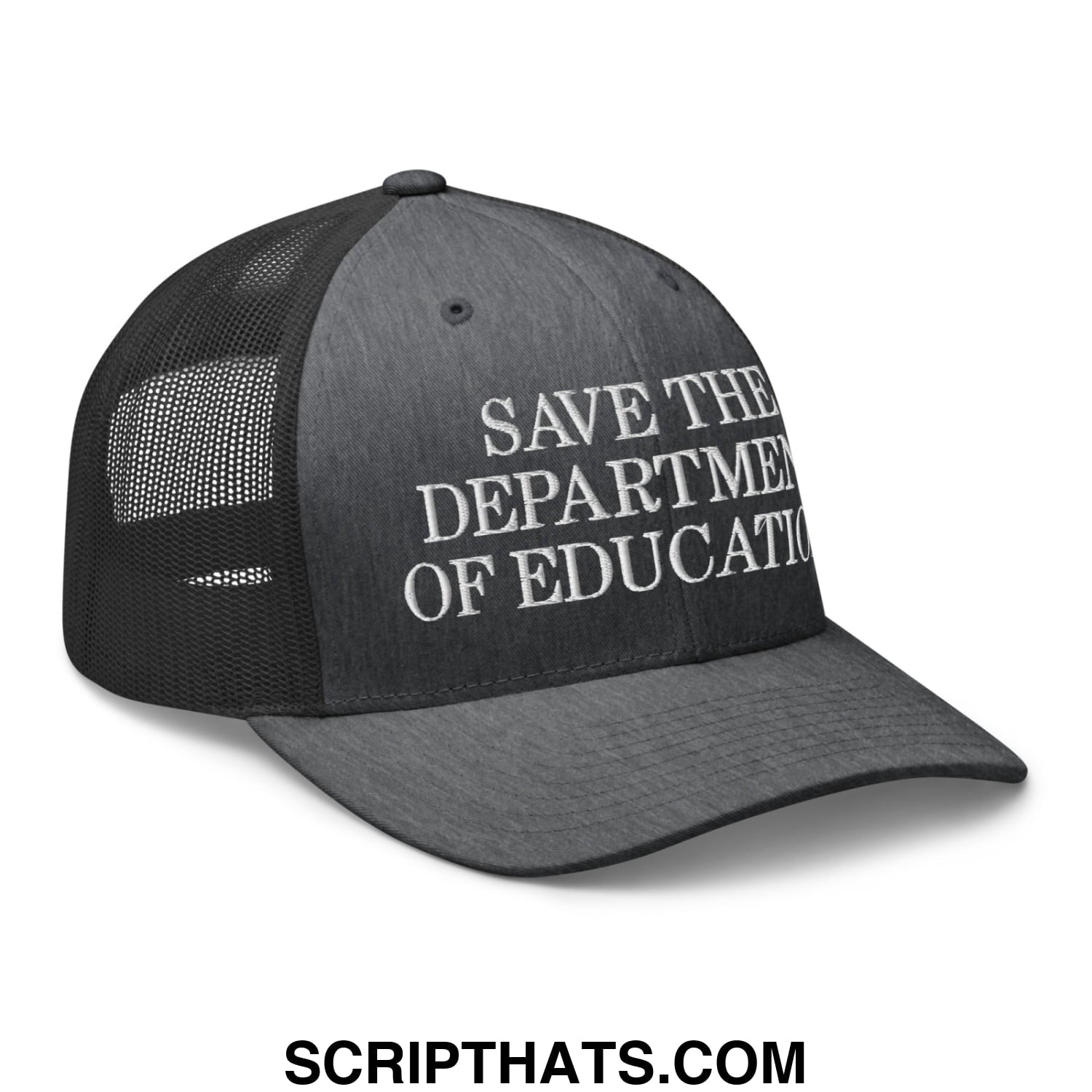 A dark gray mesh trucker hat with white embroidered save the department of education text on the front panel