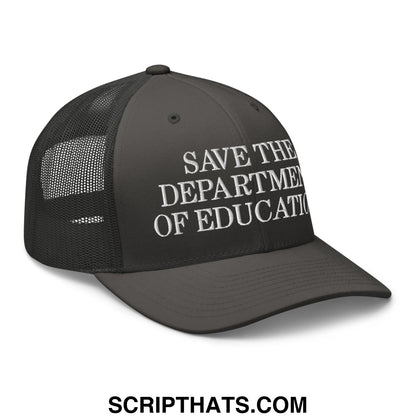 Black mesh trucker hat with white embroidered save the department of education text on front panel