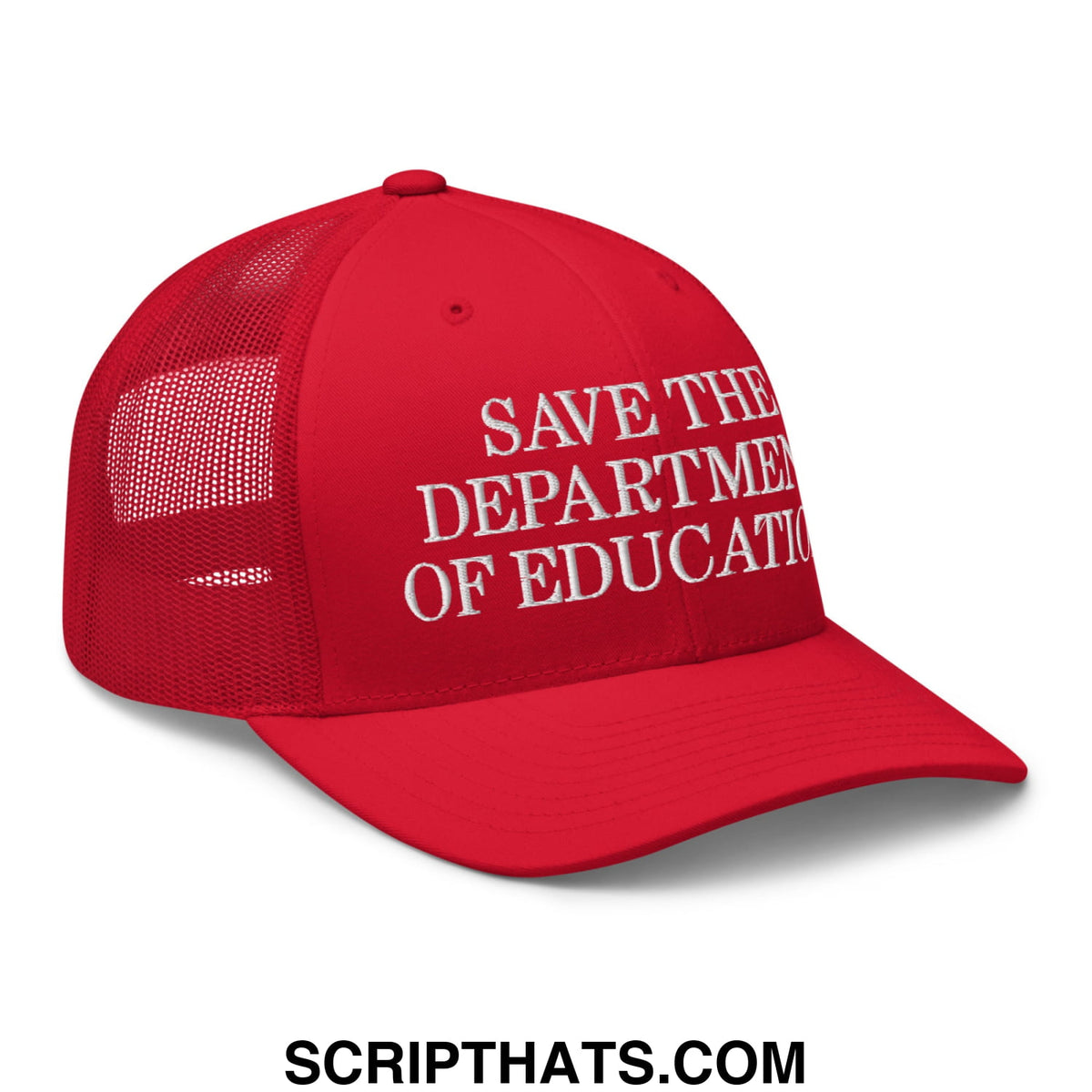 Red mesh trucker hat with white embroidered save the department of education text on front panel
