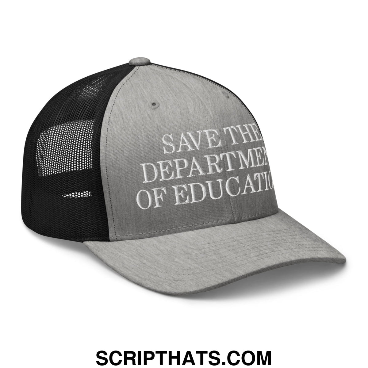 Gray and black mesh trucker hat with save the department of education embroidered in white on the front panel