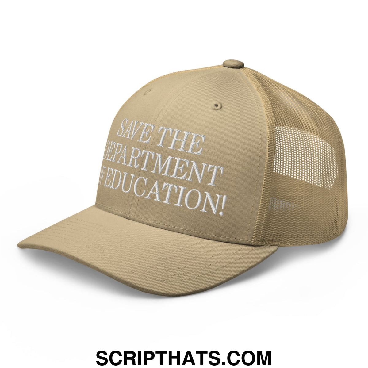Beige mesh trucker hat with white embroidered save the department of education text on the front