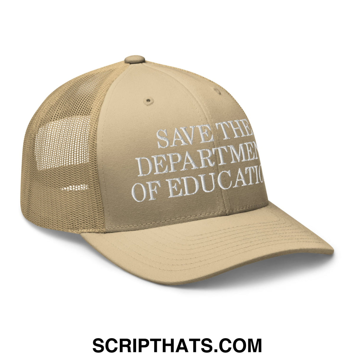 Beige mesh trucker hat with white embroidered save the department of education text promoting doe support