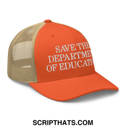 Orange and tan mesh trucker hat with white embroidered save the department of education text front view